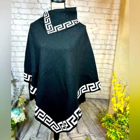 Vintage Loose Geometric Design Pullover Elegant Top Lapel Cowl Neck Cape - Black - Picture 8 of 8